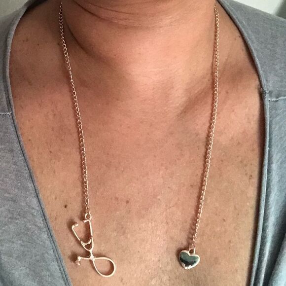 The Doctor Is In  stethoscope and heart interlocking necklace - Picture 3 of 6